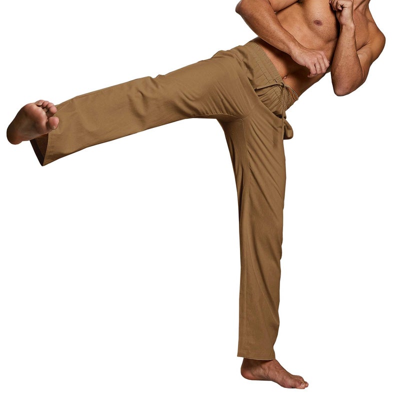 PASLTER Mens Casual Linen Pants Loose Fit Straight-Legs Elastic Drawstring Waist Summer Beach Yoga Long Pants B-Brown - Image 3